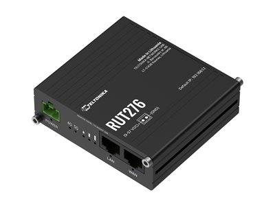 Ein schwarzer Teltonika RUT216 Router mit zwei Ethernet-Anschlüssen, LED-Indikatoren für Stromversorgung, 4G, 3G, 2G, LAN- und WAN-Verbindungen.