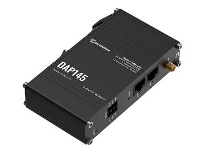 Ein schwarzes Teltonika-Gerät, Modell DAP145, mit zwei Ethernet-Anschlüssen und einem Antennenanschluss, mit der Bezeichnung „Stromversorgung: 9-30 V DC