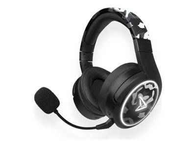 Ein schwarzes Gaming-Headset mit Camouflage-Muster auf dem Kopfbügel, ausgestattet mit einem angebrachten Mikrofon und beleuchteter Logo auf der Ohrmuschel.
