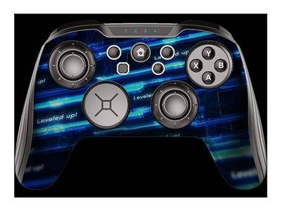 Ein Videospielcontroller mit leuchtendem blauem Design. Tasten mit den Beschriftungen „1