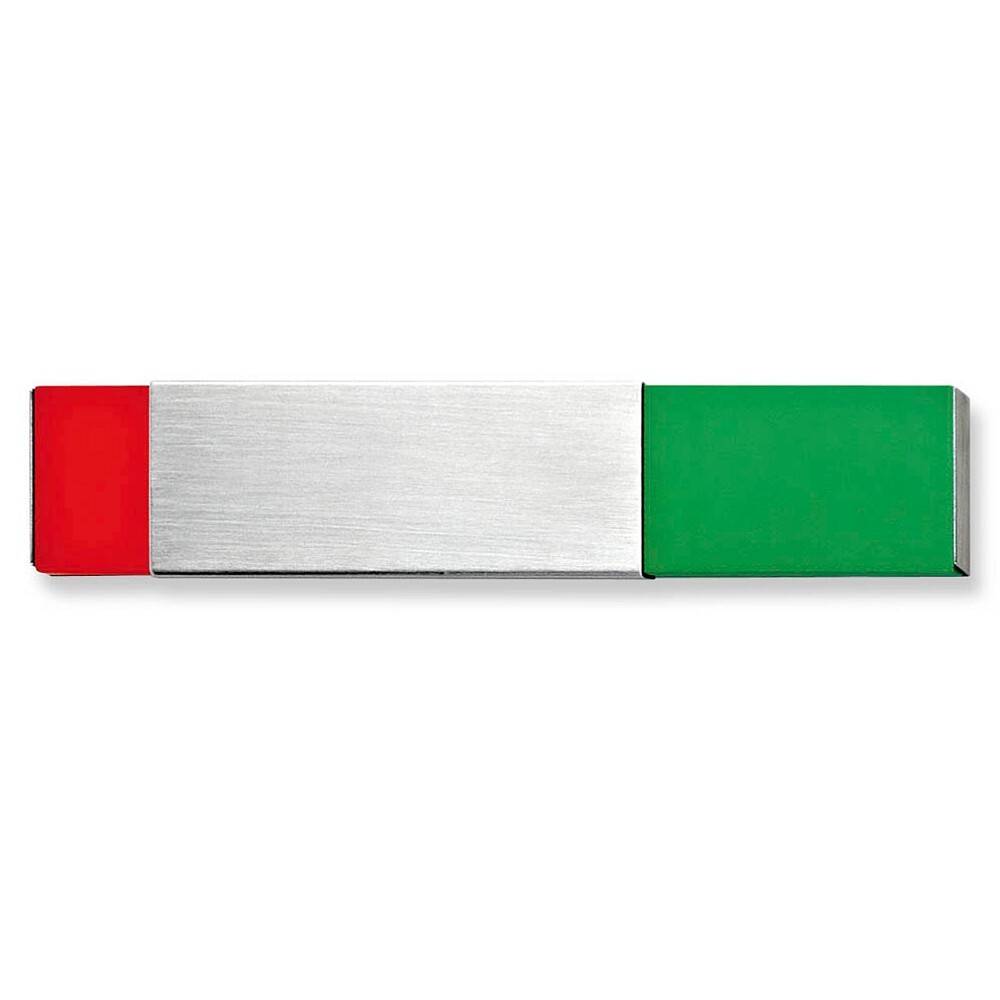 Ein rechteckiger Metallstab mit roten, silbernen und grünen Segmenten, der die italienische Flagge darstellt.