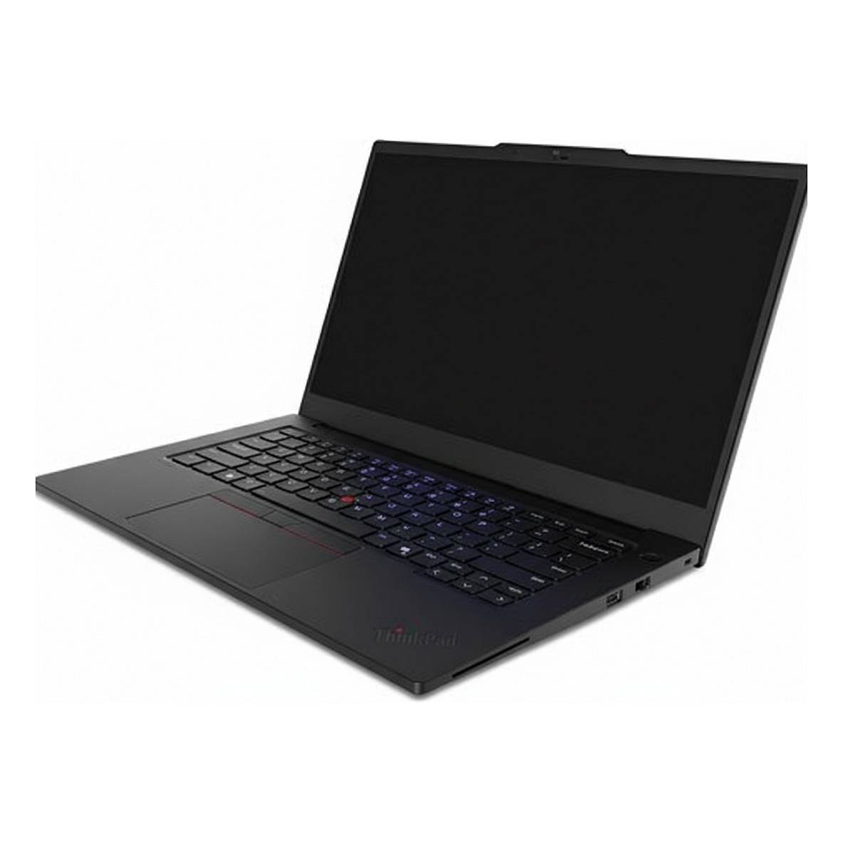 Ein eleganter, schwarzer Laptop mit beleuchteter Tastatur, aufgeklappt und mit dem Bildschirm zum Betrachter geneigt, was andeutet, dass er einsatzbereit ist.