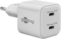 Ein weißer Goobay-Stromadapter mit zwei USB-Anschlüssen, gekennzeichnet mit „PD1 60W