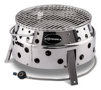 Tragbares Edelstahl-Feuerschüssel mit rundem Grillrost oben, mit kreisförmigen Lüftungsöffnungen rund um die Basis und einem Gasventil zur Brennstoffkontrolle.