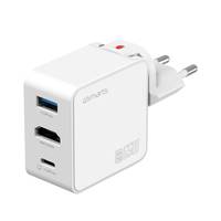 Ein weißes, mehrfach-Port-USB-Ladegerät mit EU-Stecker, mit USB-A- und USB-C-Anschlüssen, geeignet zum gleichzeitigen Laden mehrerer Geräte.