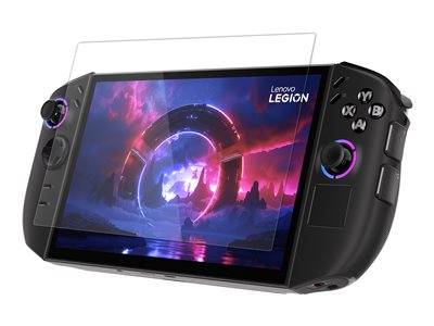 Tragbares Gaming-Gerät mit einem lebendigen Display, das eine futuristische Landschaft zeigt, umgeben von Bedienelementen und Tasten. Markenname 