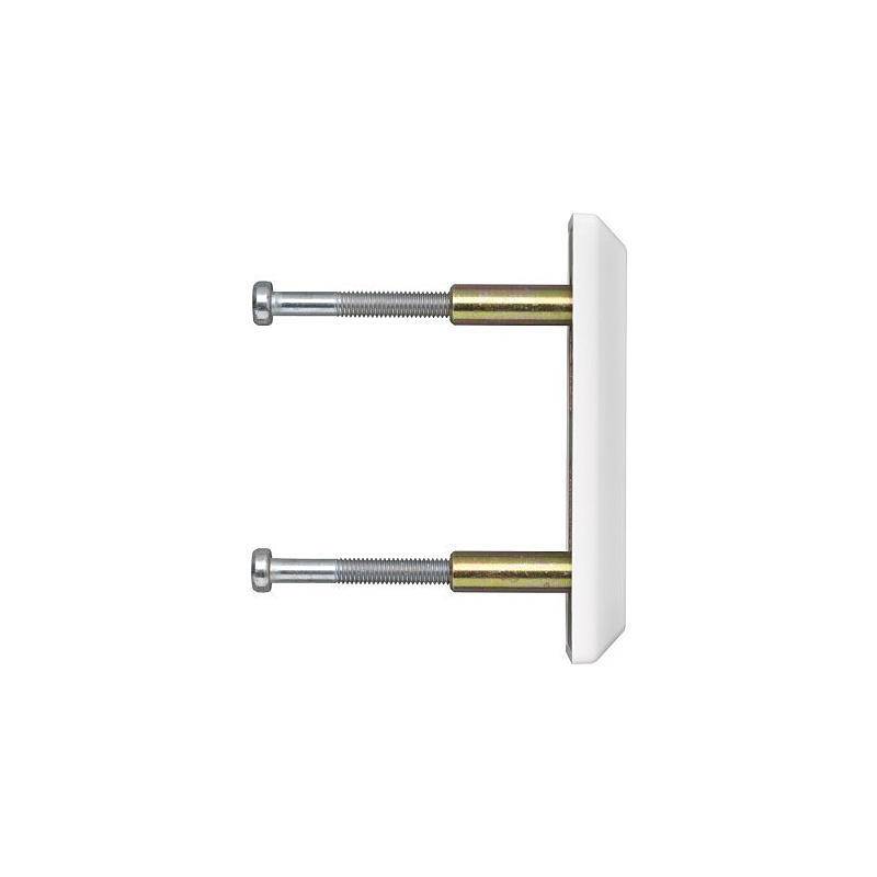 Badezimmer-Spindel und Drehverbinder mit einer weißen rechteckigen Platte und zwei verstellbaren Metallstangen auf weißem Hintergrund.