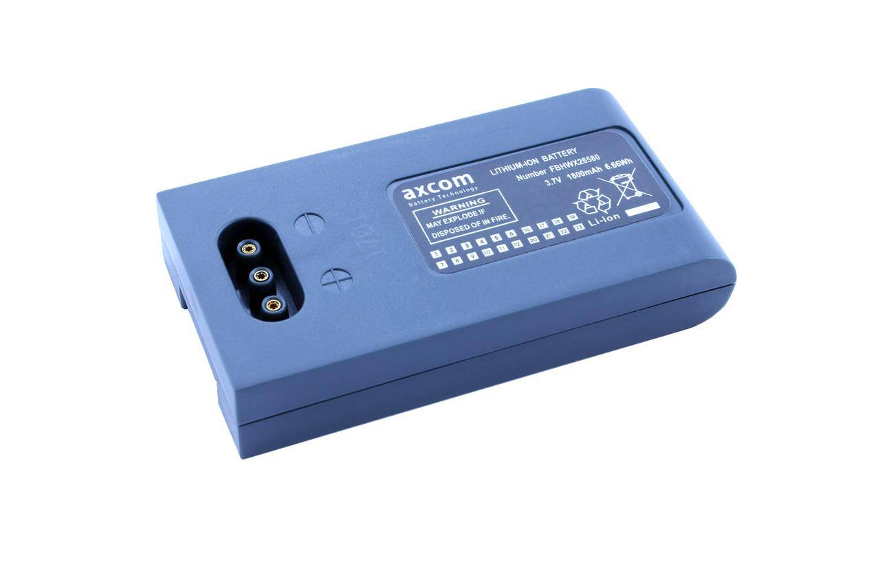 Eine blaue Axcom-Lithium-Ionen-Batterie mit Spezifikationsangaben: 3,7V, 2800mAh, 6,68Wh. Enthält Warn- und Recyclinginformationen.