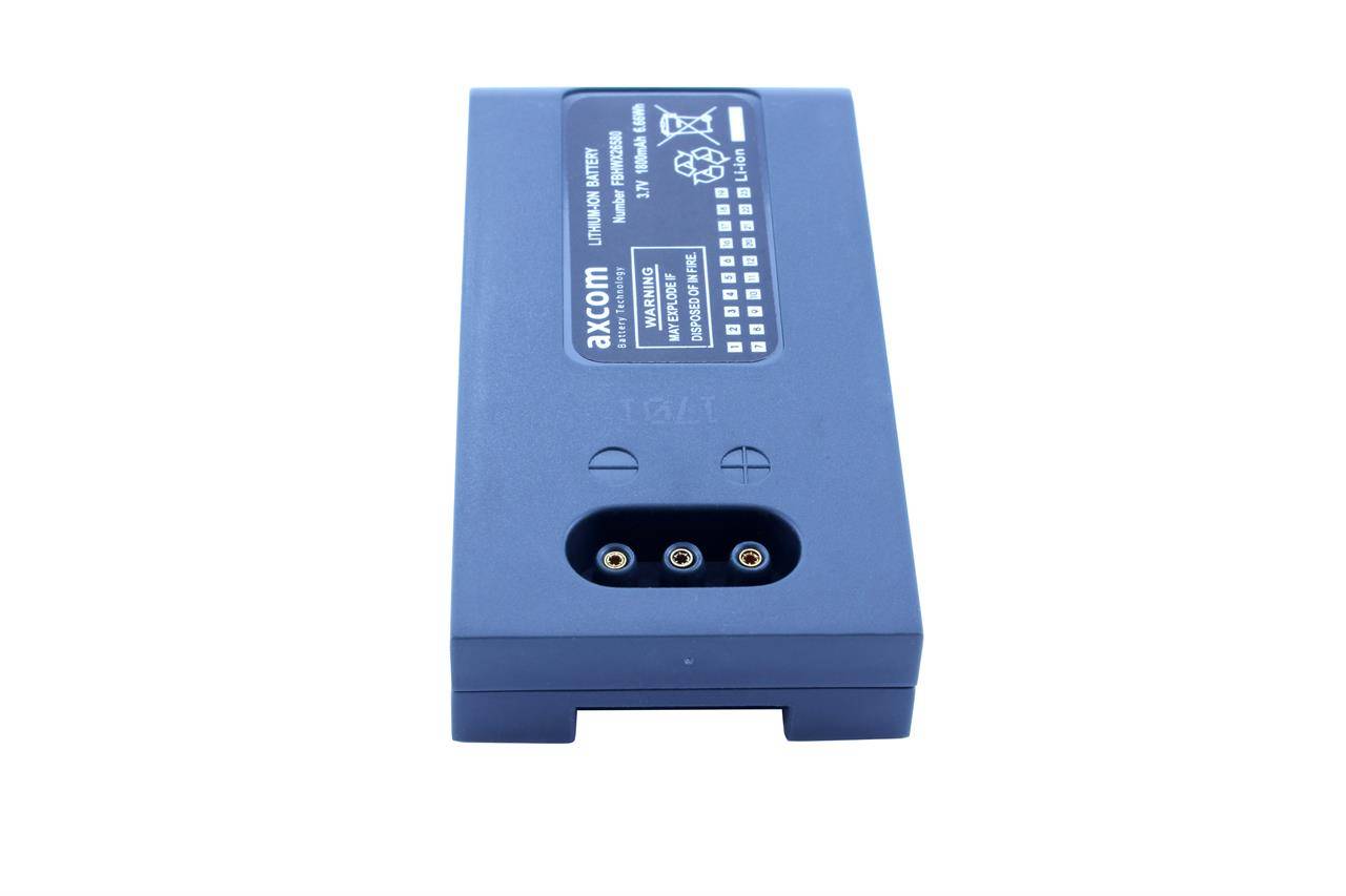 Axcom-Lithium-Ionen-Akku, blaues Gehäuse, mit der Bezeichnung 