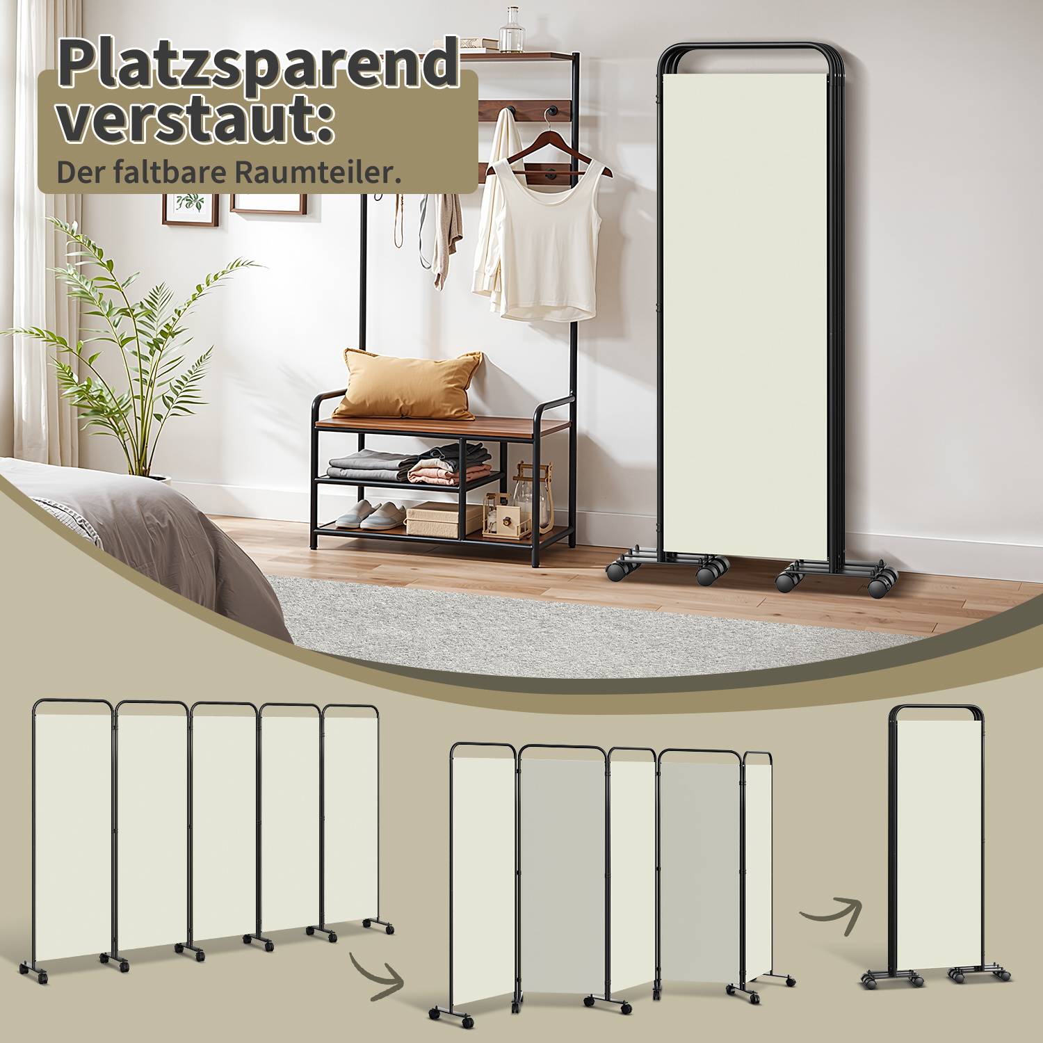 Paravent auf Rollen 1 teilig Beige 185x180 cm Outdoor Raumteiler Garten Spanische Wand Trennwand Raumtrenner