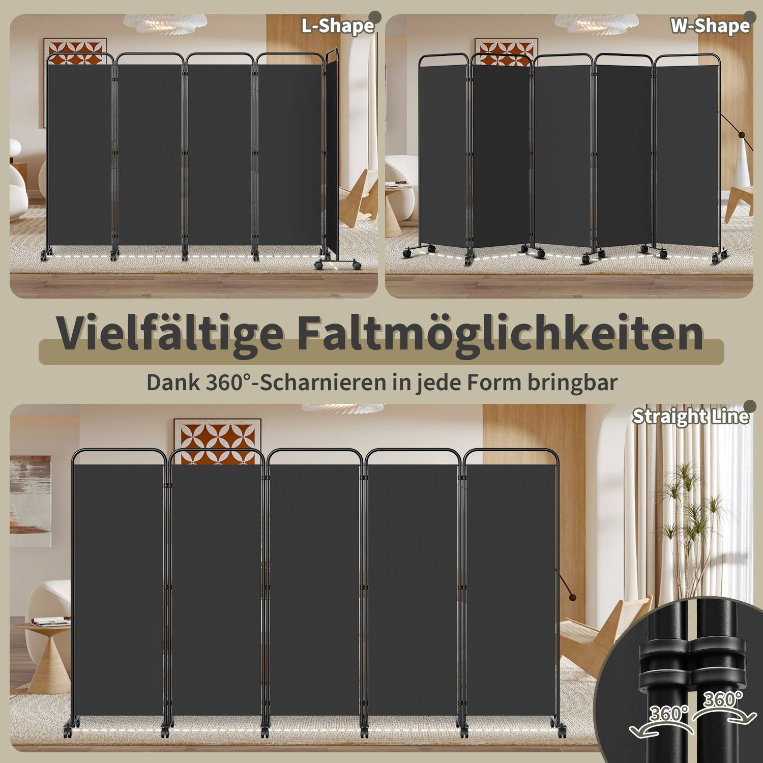 Paravent mit Rollen 3 teilig Anthrazit 263x180 cm Faltbarer Raumteiler Outdoor Trennwand Garten Sichtschutz Raumtrenner