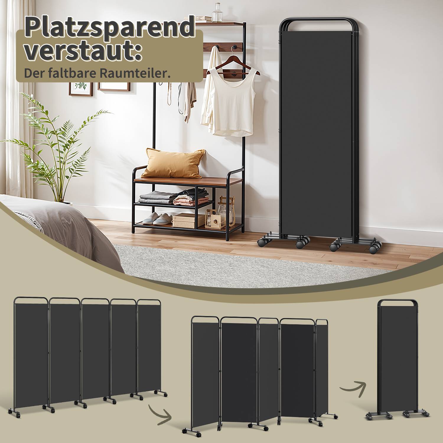 Paravent mit Rollen 3 teilig Anthrazit 263x180 cm Faltbarer Raumteiler Outdoor Trennwand Garten Sichtschutz Raumtrenner