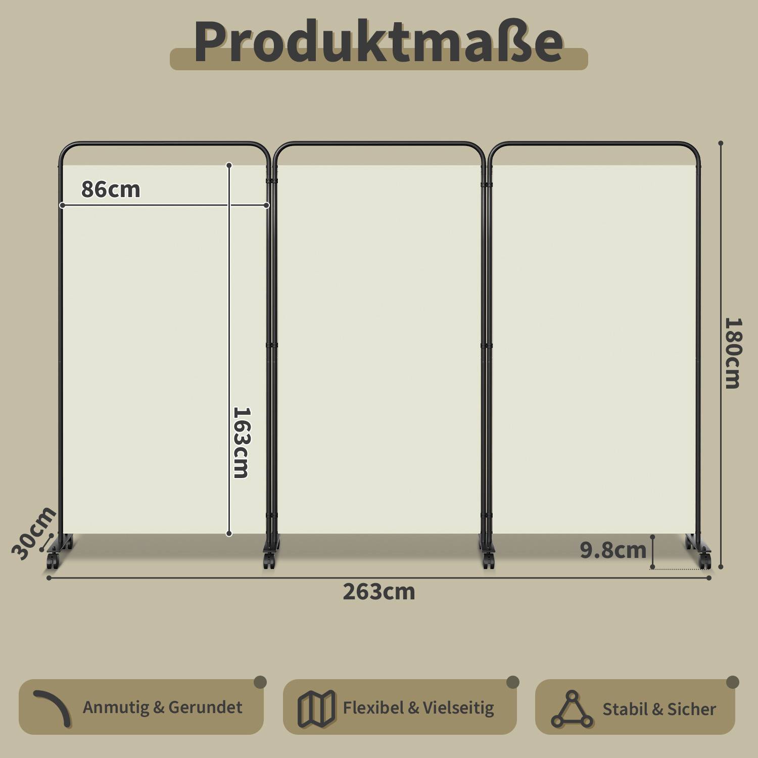 Paravent auf Rollen 3 teilig Beige 263x180 cm Outdoor Raumteiler Garten Spanische Wand Trennwand Raumtrenner