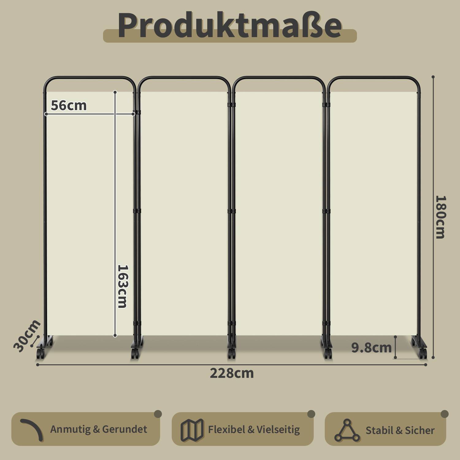 Raumteiler mit Maßen: 180cm Höhe, 228cm Breite. Paneele: 56cm breit, 163cm hoch; Grundtiefe: 9,8cm. Merkmale: elegant, flexibel, sicher.