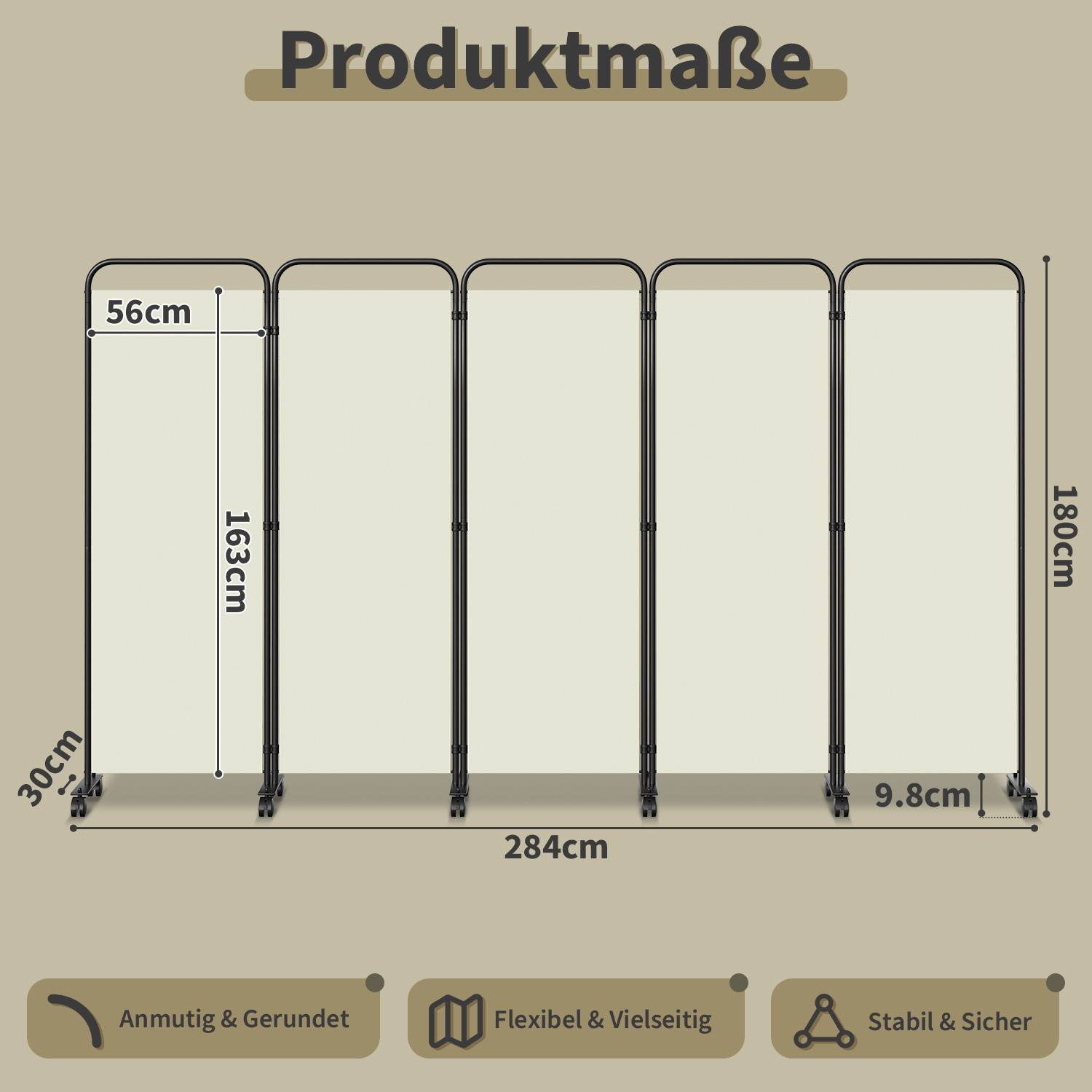 Produktmaße': Ein fünfteiliger Paravent mit angegebenen Abmessungen: Jedes Panel ist 56 cm breit, die Gesamtbreite beträgt 284 cm und die Höhe 180 cm. Zu den Features gehören 'Anmutig & Gerundet', 'Flexibel & Vielseitig', 'Stabil & Sicher'.