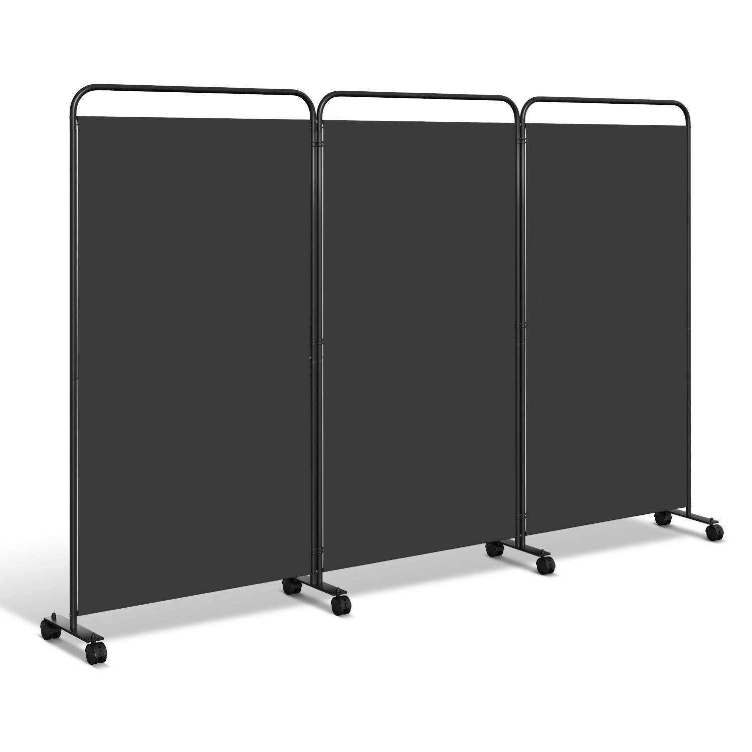 Ein dreiteiliger schwarzer Raumteiler auf Rollen, der Privatsphäre bietet, mit minimalistischem Metallrahmendesign.