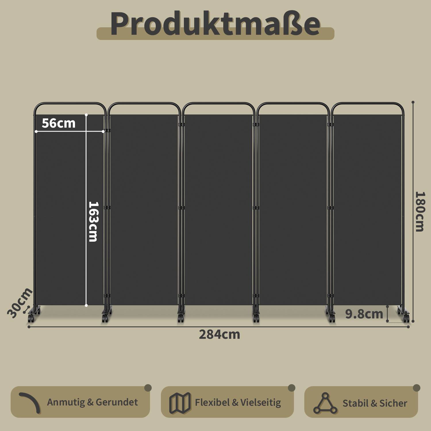 Produktabmessungen-Diagramm eines fünfteiligen Faltwands mit einer Breite von 284 cm, einer Höhe von 180 cm, einer Panelbreite von 56 cm, einer Innenhöhe von 163 cm und einer Tiefe von 30 cm/9,8 cm.