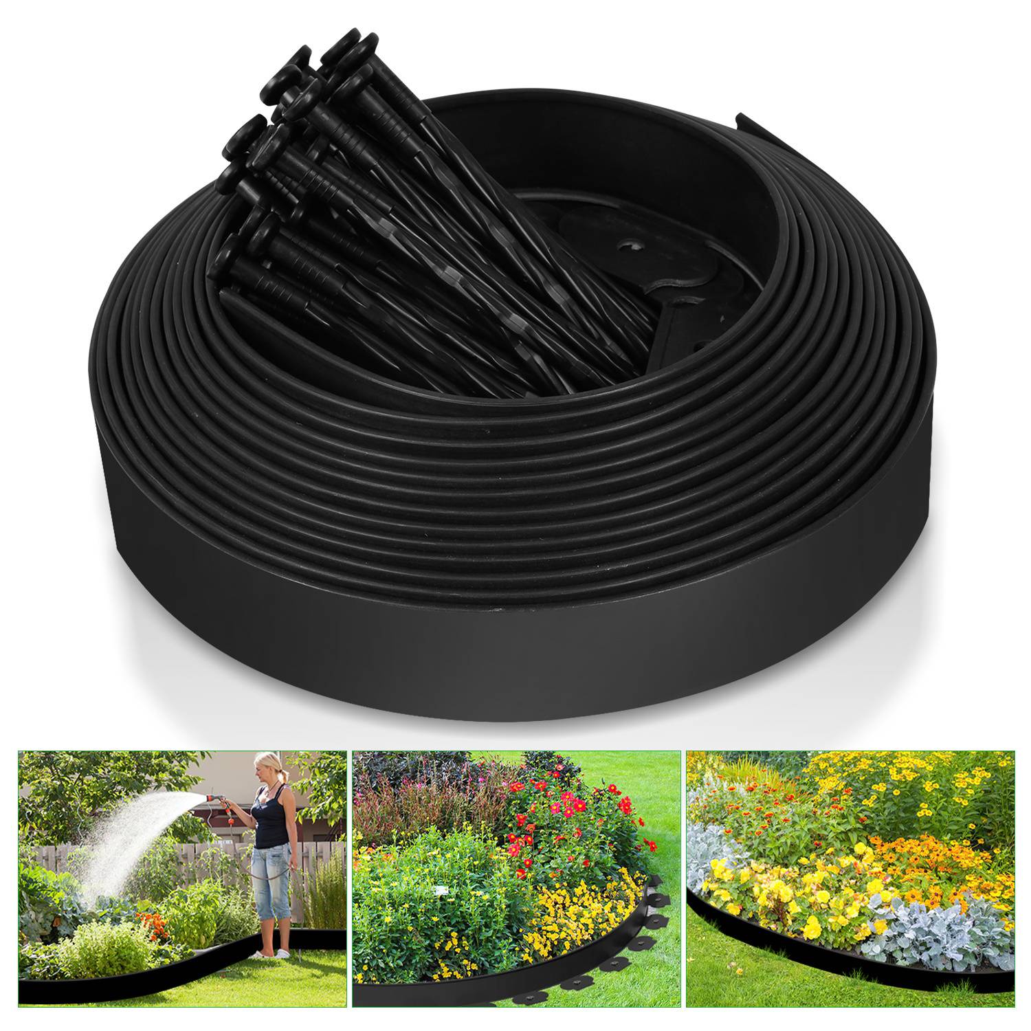 Eine Rolle schwarze Garteneinfassung mit Pflöcken wird gezeigt. Darunter zeigen Bilder die Installation um Blumenbeete herum und demonstrieren deren Verwendung für saubere Ränder.