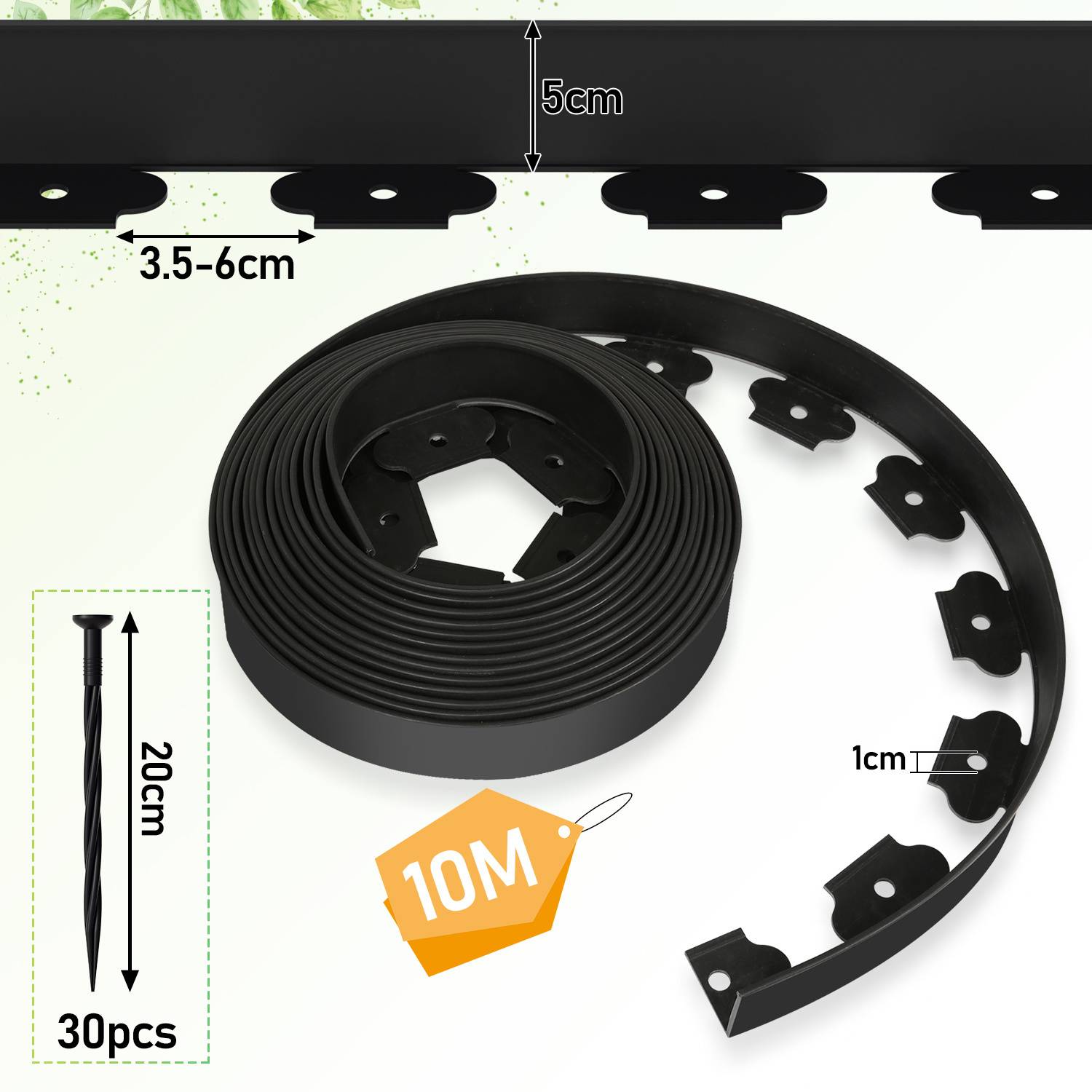 Kunststoff-Garteneinfassung als Rolle mit 10 Metern Länge und 3,5-6 cm Höhe, inklusive 30 Erdspieße zu je 20 cm, ideal für Gartenlandschaften.