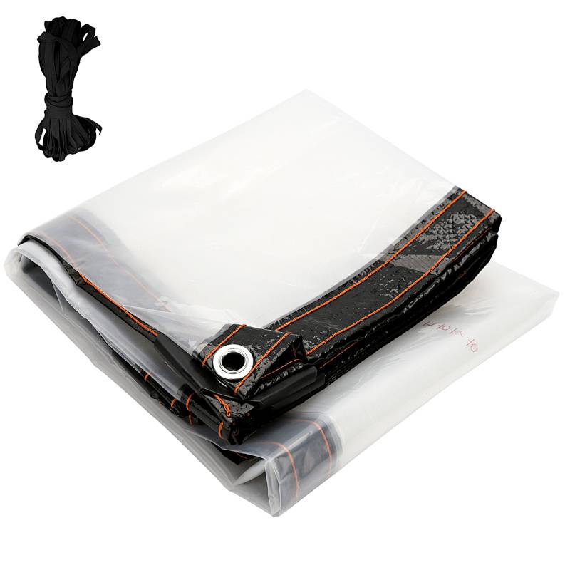 Klare wasserdichte Plane mit verstärkten Kanten, sichtbaren Ösen und begleitendem schwarzen Seil, geeignet für die Abdeckung und den Schutz im Freien.