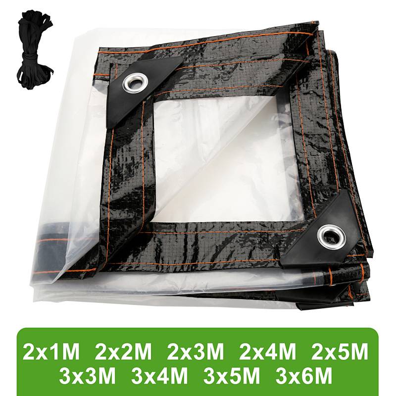 Durchsichtige Plane mit verstärkten Kanten und Metallösen; in mehreren Größen erhältlich. Inklusive eines Bündels schwarzes Seil.
