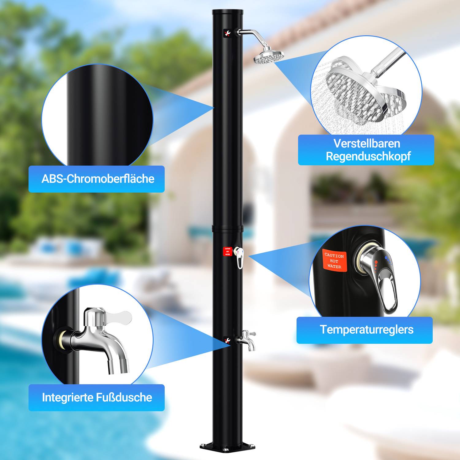 Eine schwarze Außendusche mit Regenduschkopf, Temperaturregler und integrierter Fußdusche. Ausstattungsmerkmale umfassen ABS-Oberflächenbeschichtung in Chrom.