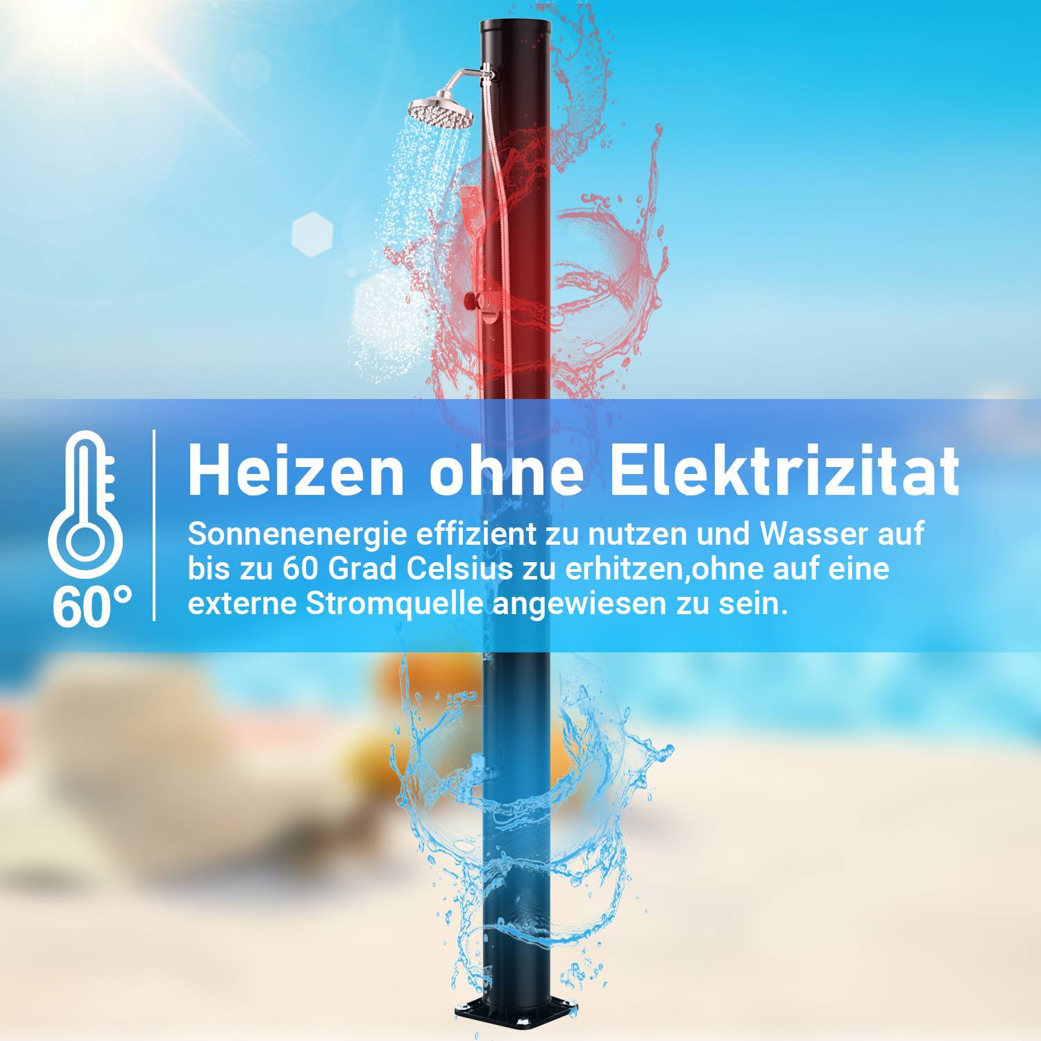 Outdoor-Solardusche heizt Wasser auf 60°C ohne Strom durch effiziente Nutzung von Solarenergie.