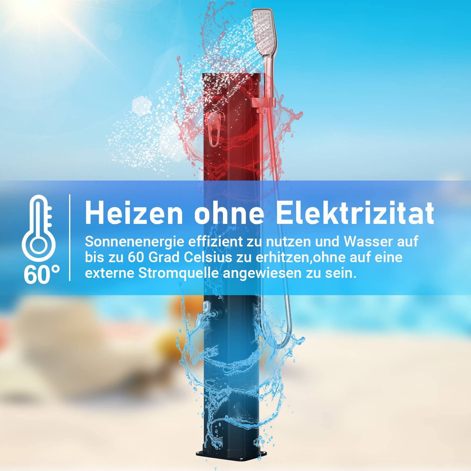 Solardusche 20L mit Halbsäule, Abdeckhaube, Drain Stop & Handbrause - Schwarz (Gartendusche, Pooldusche, Camping)