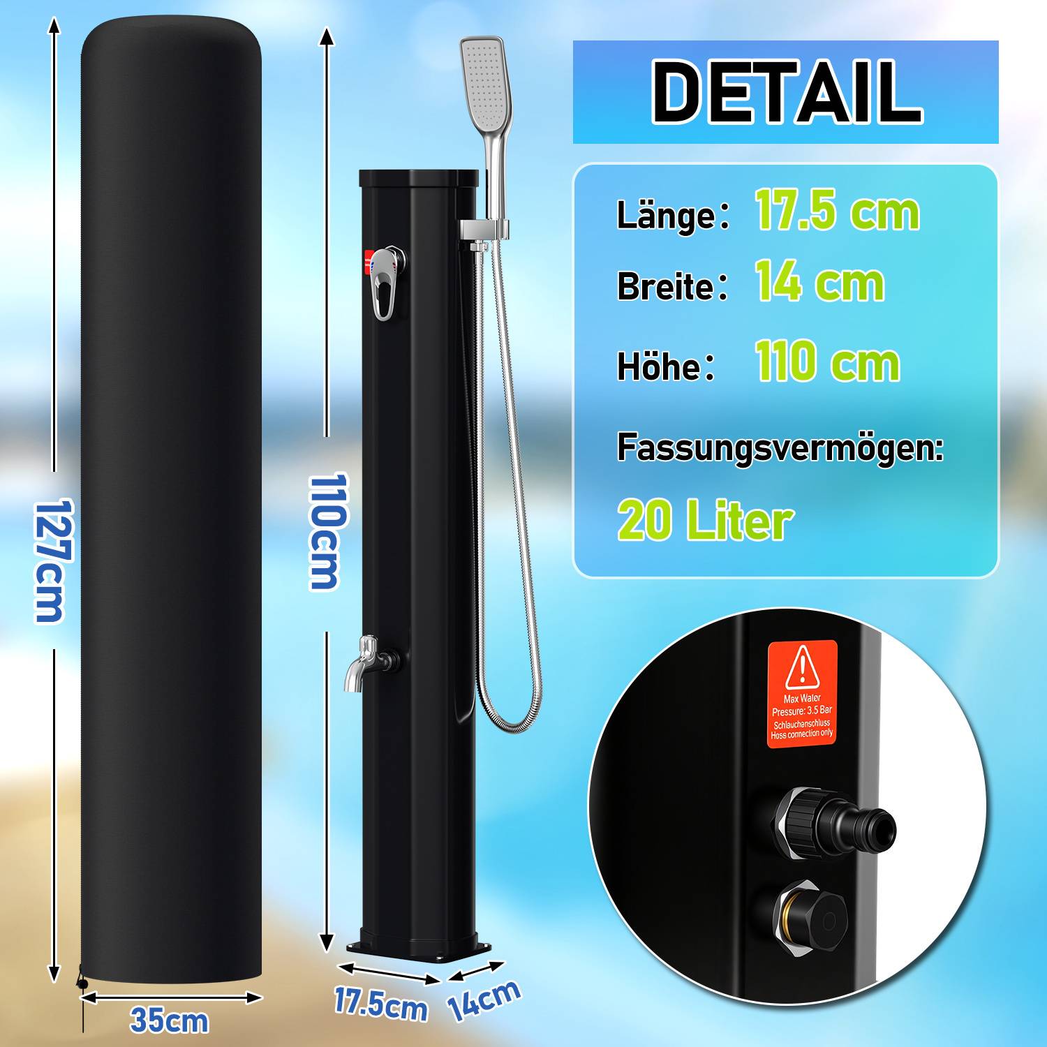 Externe Solardusche mit glänzend schwarzem Finish und einem Fassungsvermögen von 20 Litern. Abmessungen: 17,5 cm Länge, 14 cm Breite, 110 cm Höhe.