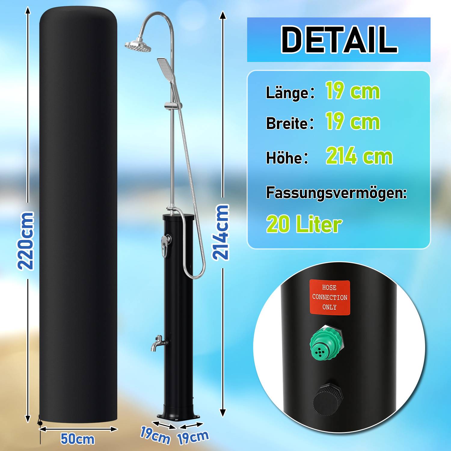 Outdoor-Dusche mit zylindrischem schwarzem Design. Abmessungen: Höhe 220cm, Breite 50cm. Schlauchverbindung und Wasserkapazität von 20 Litern hervorgehoben.