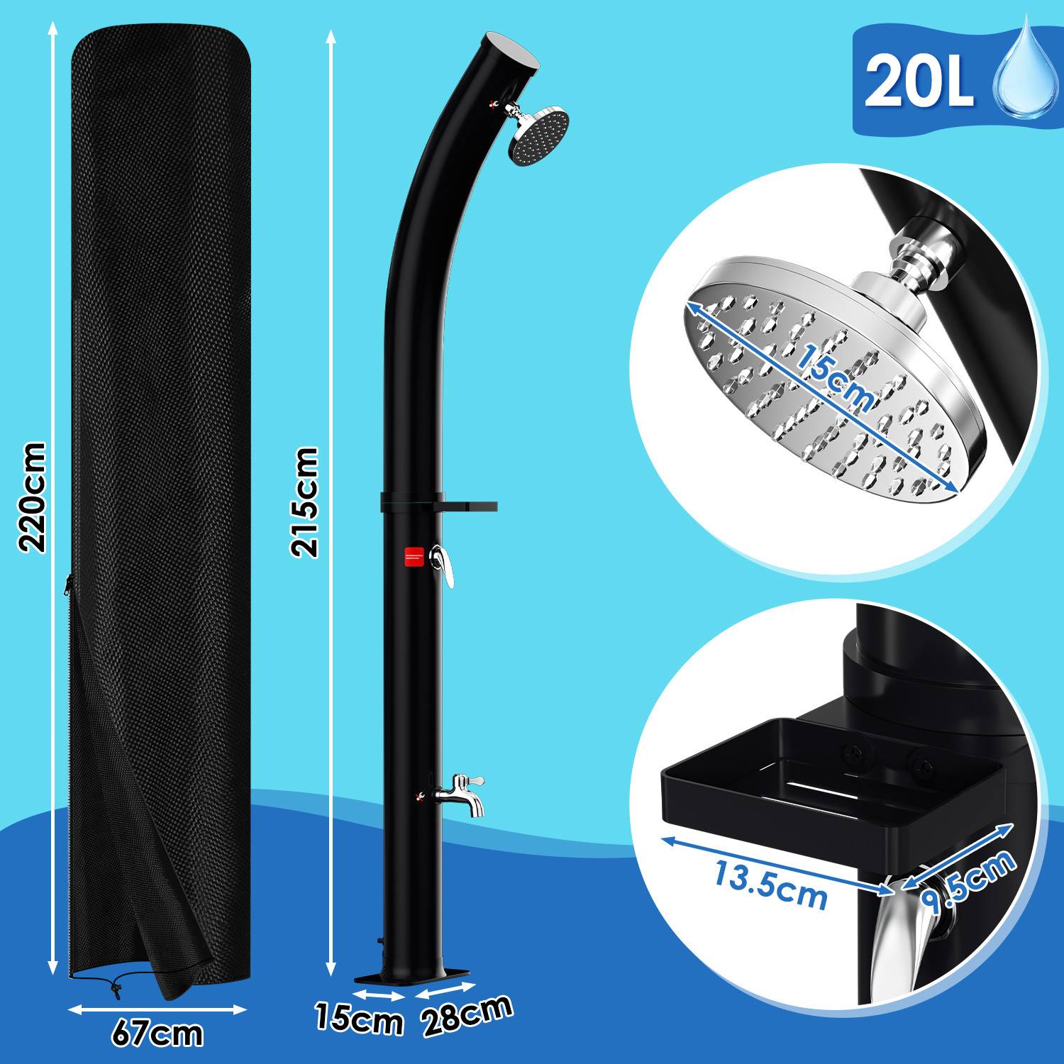 Tragbare Solardusche mit 20-Liter-Kapazität mit Abmessungen: Höhe 220 cm, Basis 15 cm x 28 cm, Duschkopf 15 cm Durchmesser, Fußwäscher 13,5 cm.