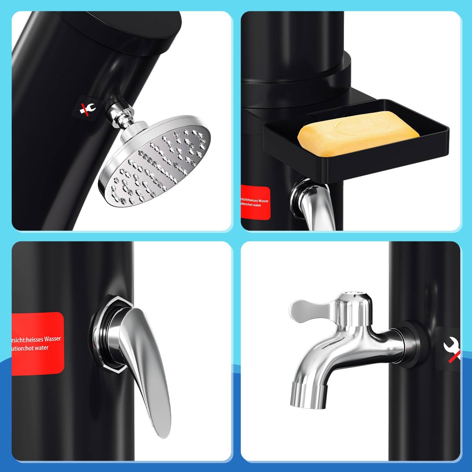 „Nahaufnahmebilder eines schwarzen Duschsystems mit Duschkopf, Seifenschale, Temperaturregelungshebel und Wasserhahn; alle Komponenten sind hervorgehoben.