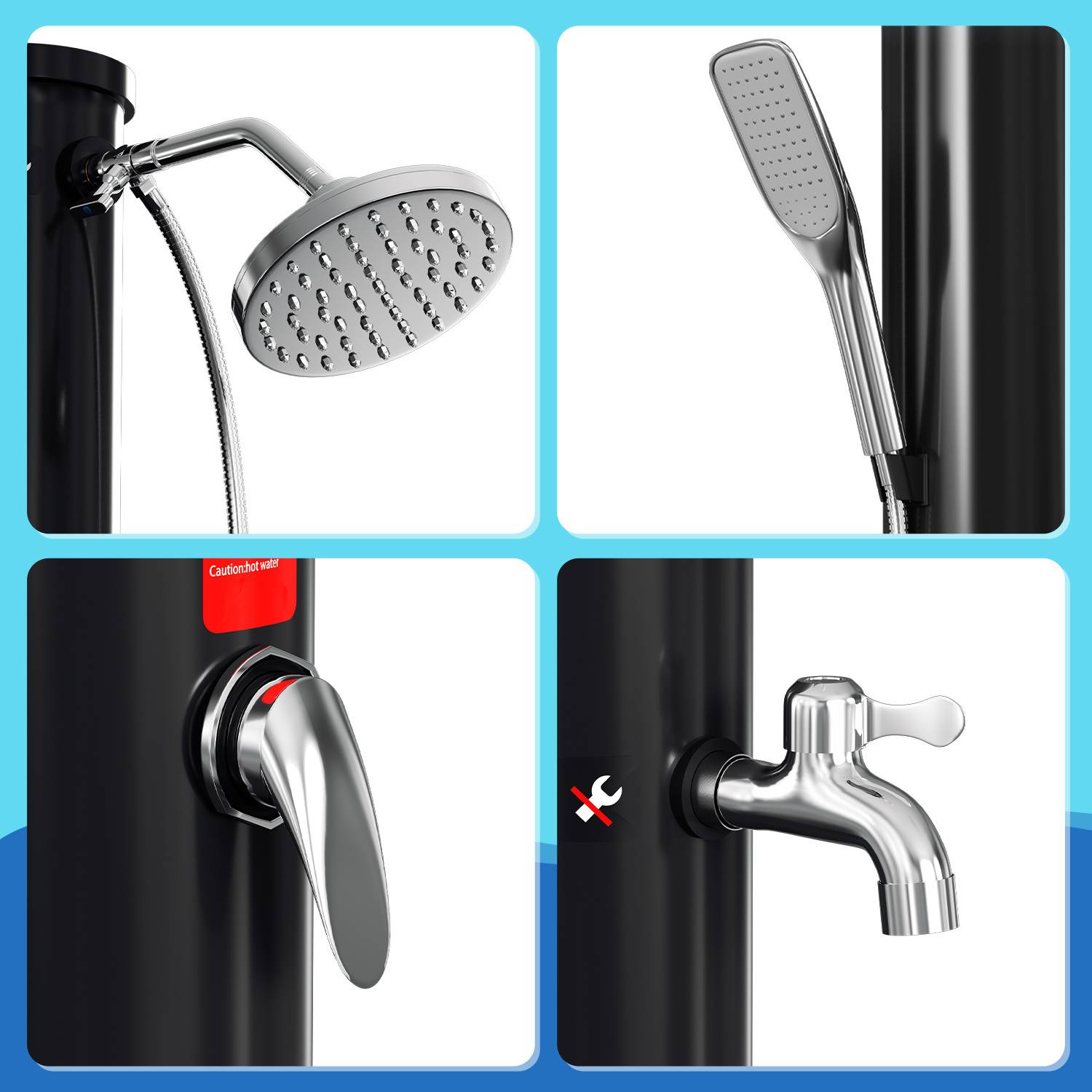 Duscharmatursystem mit rundem Regenduschkopf, abnehmbarer Handbrause, moderner Hebelsteuerung und Standardarmatur, alle in Chromfinish.