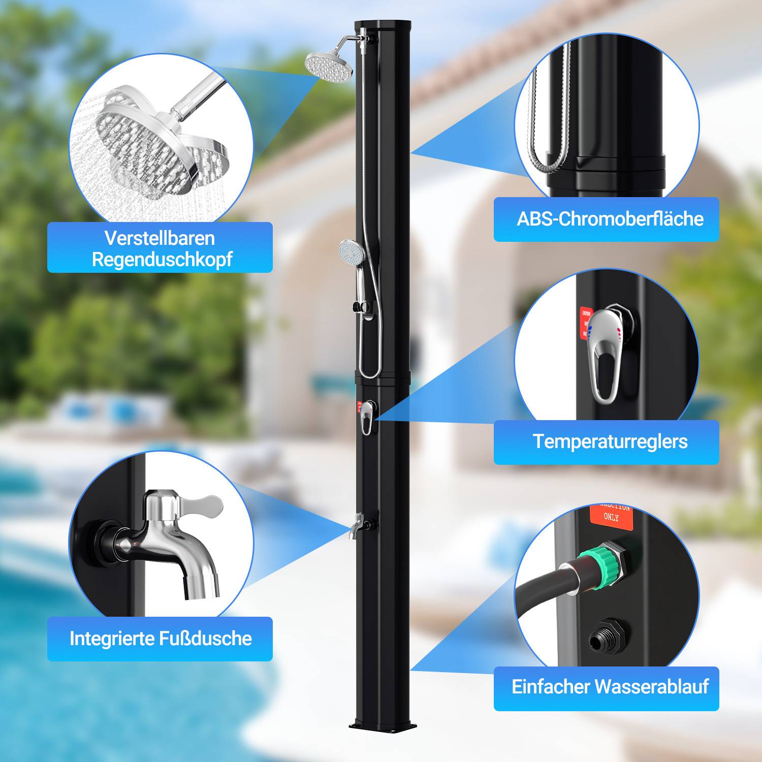 Außenduschsäule mit hervorygehobenen Merkmalen: 'ABS-Chromoberfläche', 'verstellbarer Regenduschkopf', 'Temperaturregelung', 'integrierte Fußbrause' und 'einfache Wasserablauf'.