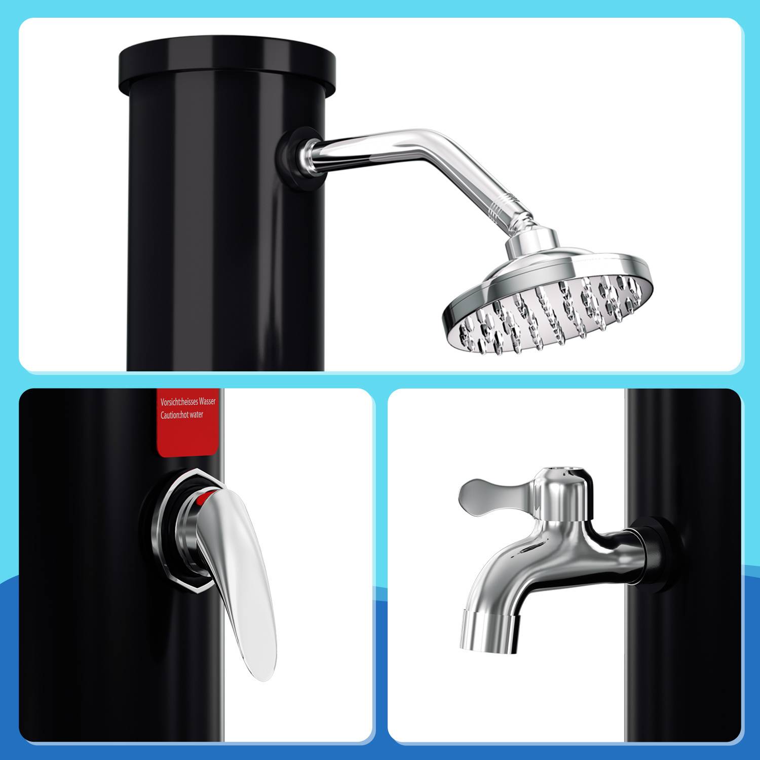 Außenduschset mit einer schwarzen Säule mit silbernem Duschkopf, einem Griff zur Einstellung von kaltem/heißem Wasser und einem silbernen Wasserhahn darunter.