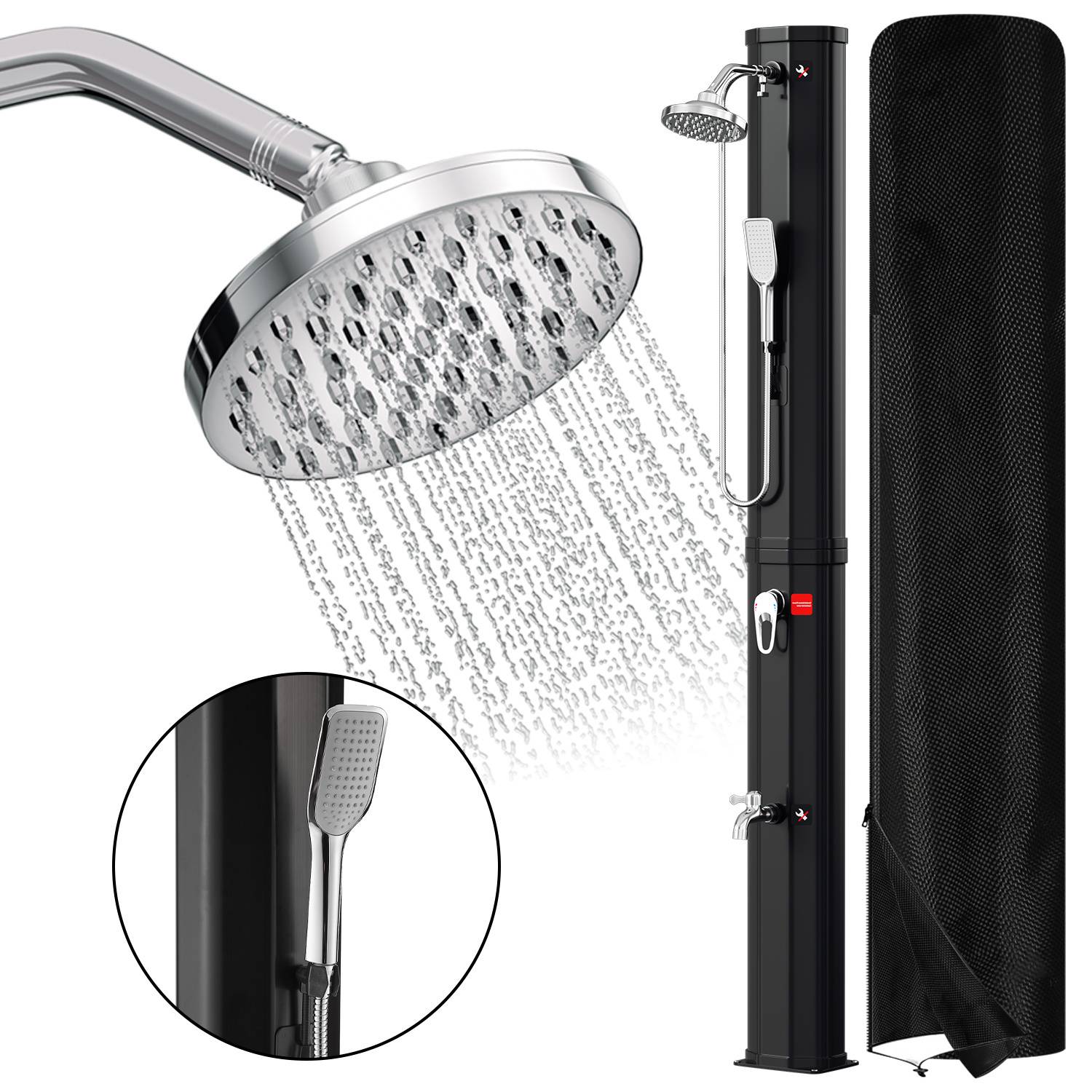 Outdoor-Solardusche mit Chrombrausekopf und einstellbarem Temperaturregler. Enthält eine vergrößerte Detailansicht des tragbaren Duschkopfes.