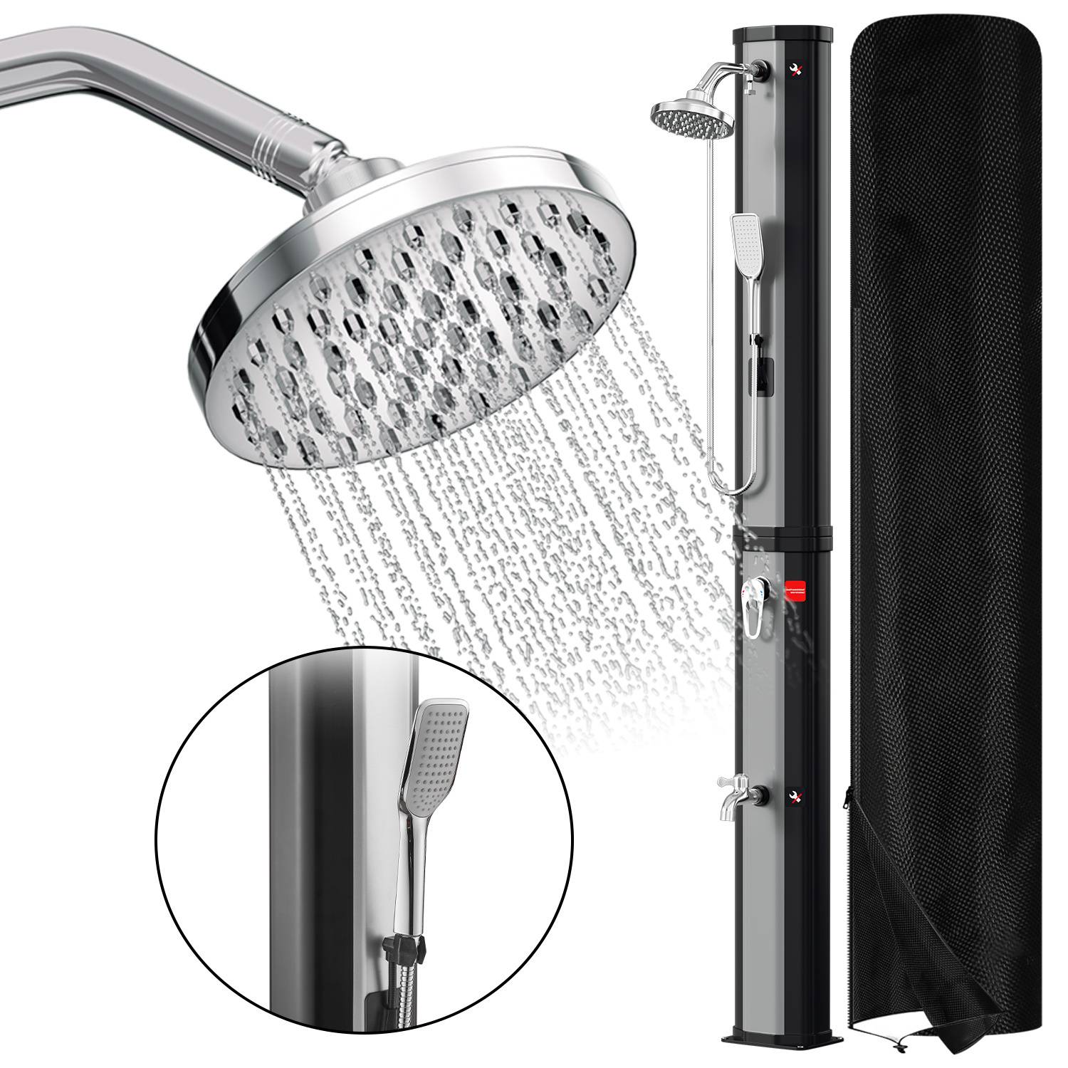 Outdoor-Solardusche mit Kopfbrause und Handbrause. Verfügt über ein schwarzes Turmdesign mit Höhenskala und Wasserdurchflussregelung.