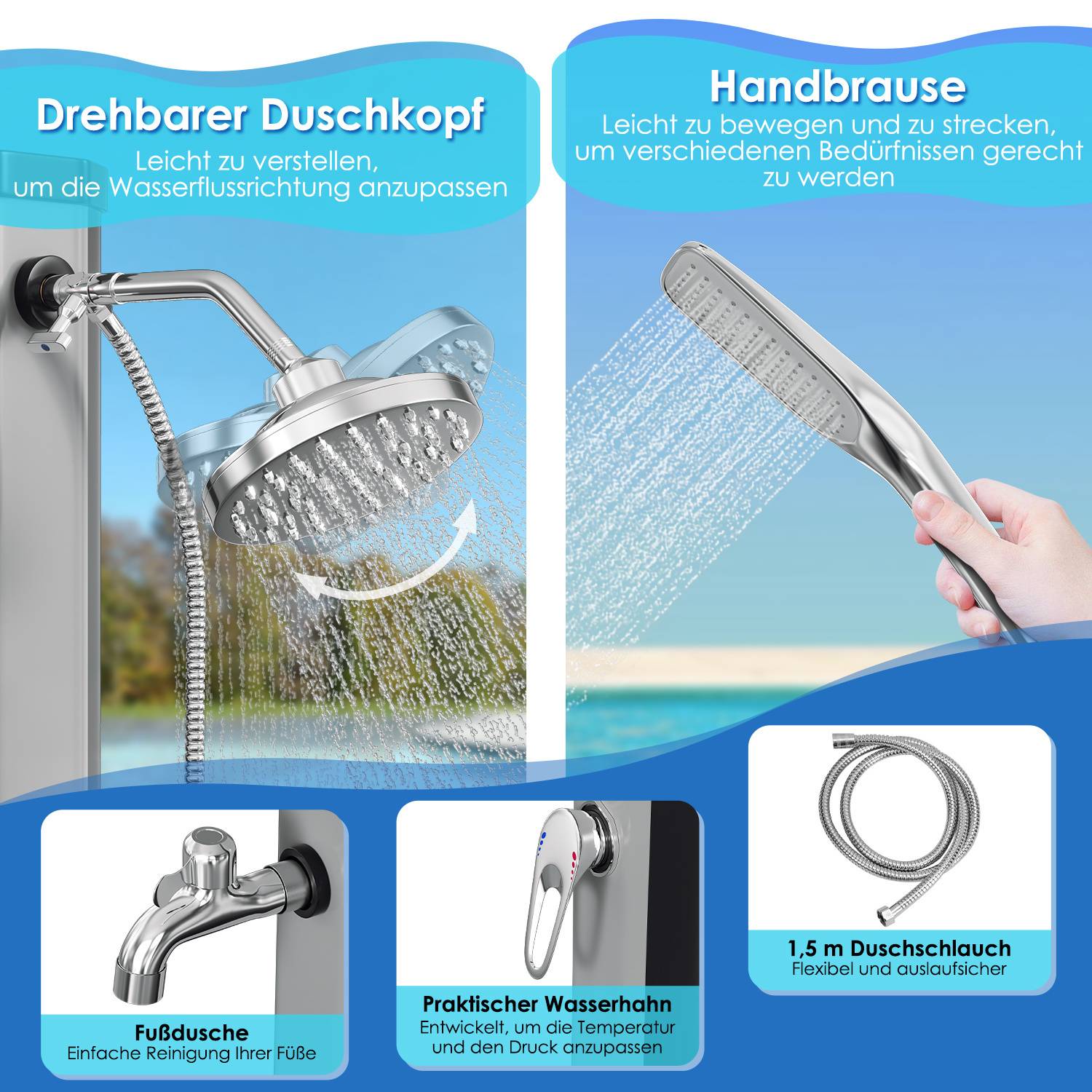 Drehbarer Duschkopf und Handdusche mit verstellbarem Wasserdurchfluss; umfasst Fußdusche, praktischen Wasserhahn und 1,5m Schlauch.