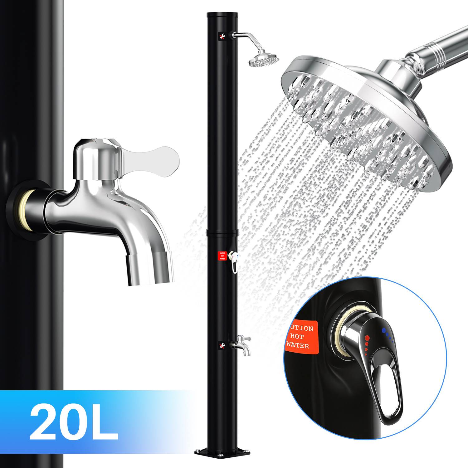 20L Außendusche mit verstellbarem Duschkopf und Armatur, schwarzes Säulendesign, Warmwasseroption, großer Duschkopf mit Wasserdurchflussdarstellung.