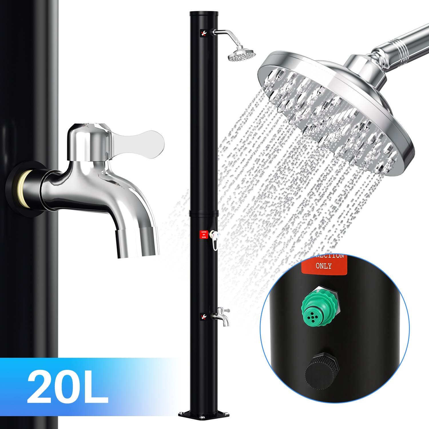 Außendusche mit Solarenergie, 20L Fassungsvermögen, mit schlanker schwarzer Säule, abnehmbarem Duschkopf und verstellbarer Wassertemperaturregelung.