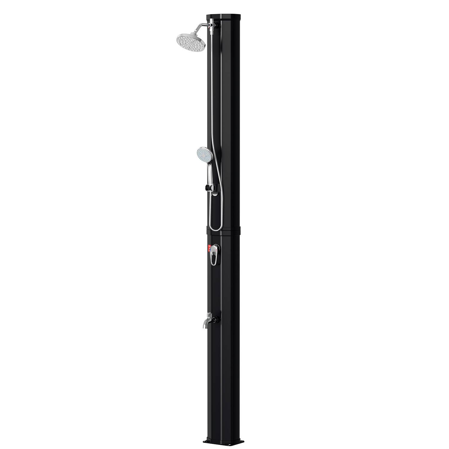 Outdoor-Solardusche mit schwarzer vertikaler Säule, ausgestattet mit rundem Überkopfbrausekopf, tragbarem Sprühkopf und Temperaturregelknopf.