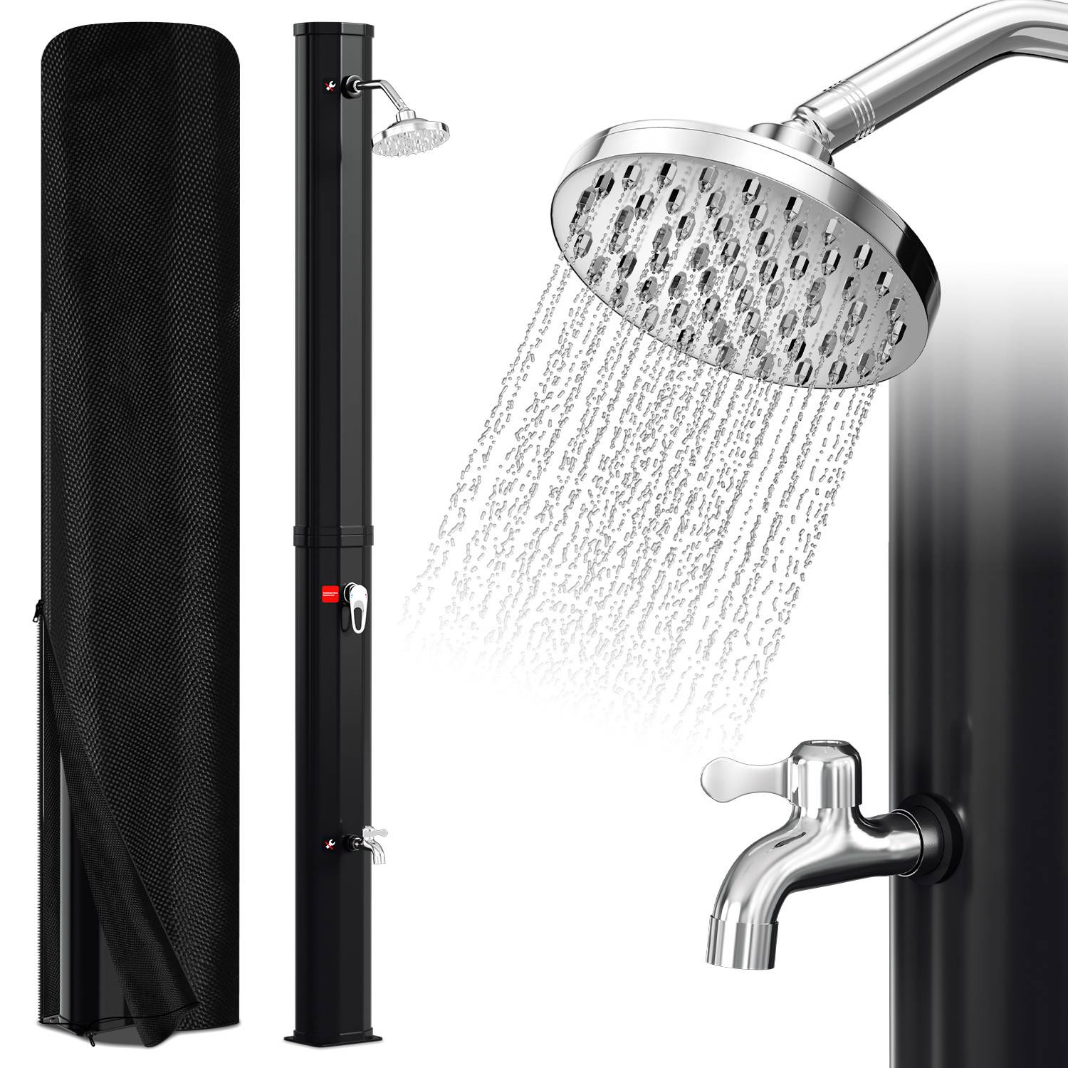 Außendusche mit hohem schwarzem Panel, Deckenbrausekopf mit Wasserstrahl und Armatur. Ideal für die Verwendung am Poolrand oder im Garten.