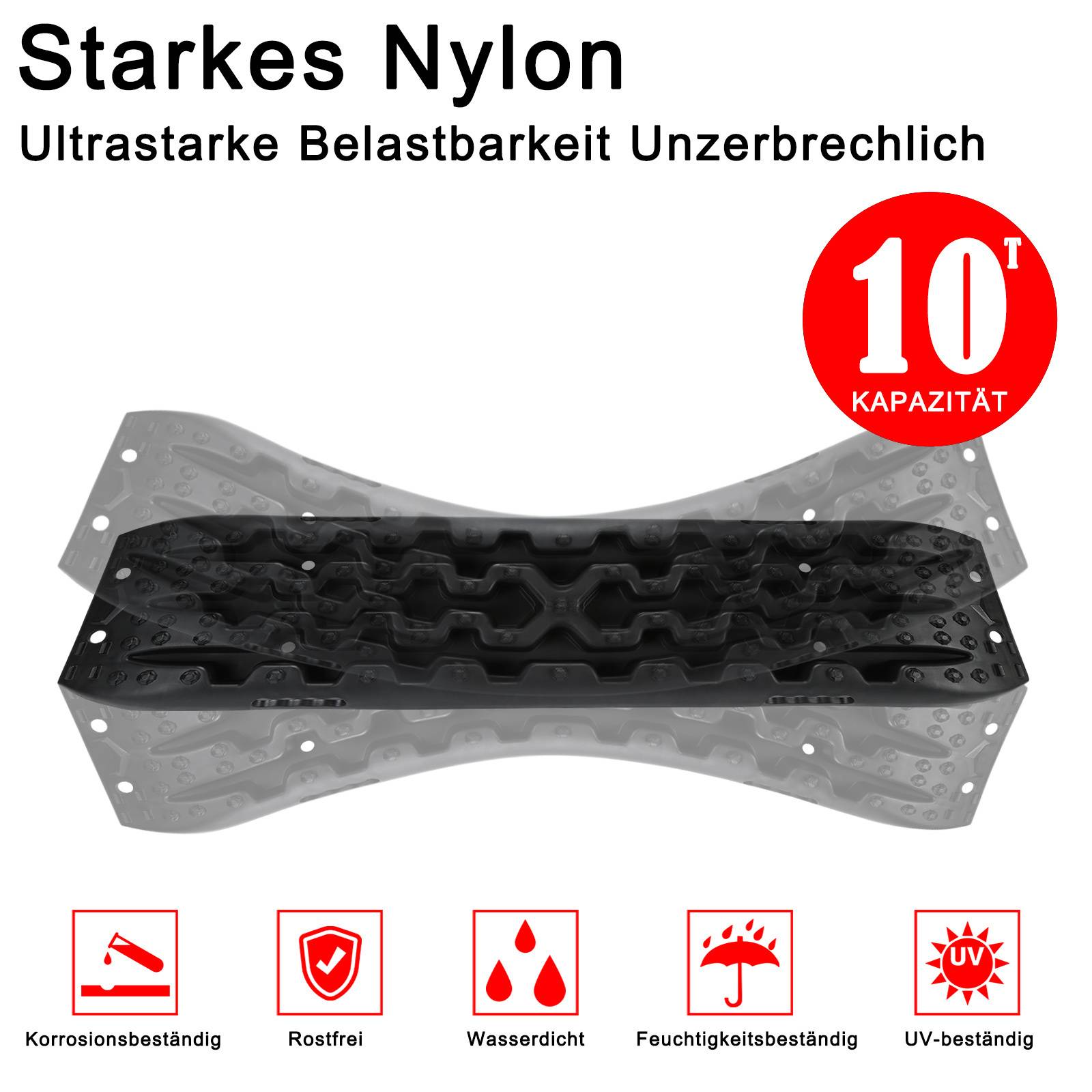 Nylon-Material, ultrastarkes, unzerbrechliches Material mit einer Tragfähigkeit von 10 Tonnen. Die unten angezeigten Symbole zeigen Korrosionsbeständigkeit, Rostfreiheit, Wasserdichtheit, Feuchtigkeits- und UV-Beständigkeit.