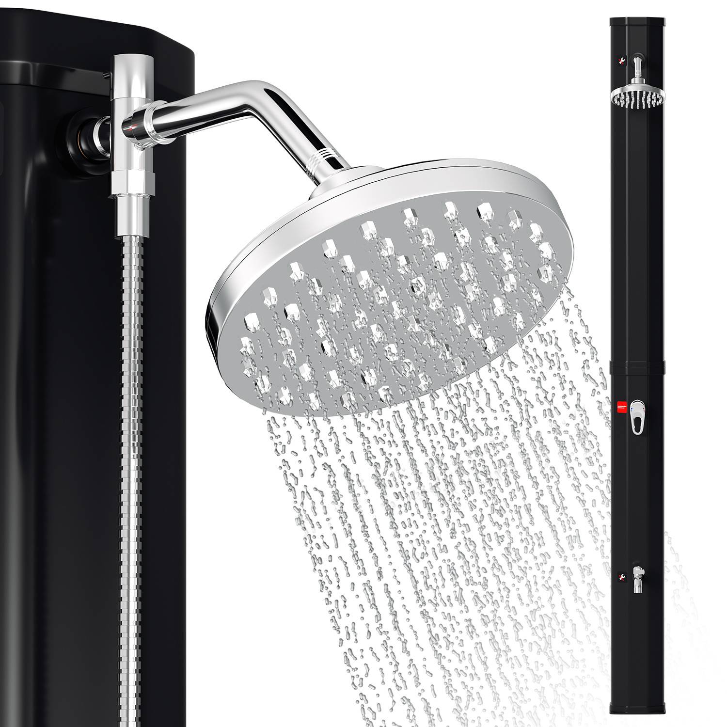 Ein elegantes schwarzes Außendusch-Panel mit einem großen Chromduschkopf, aus dem Wassertropfen fließen, neben einem hohen, schlanken Bedienfeld.