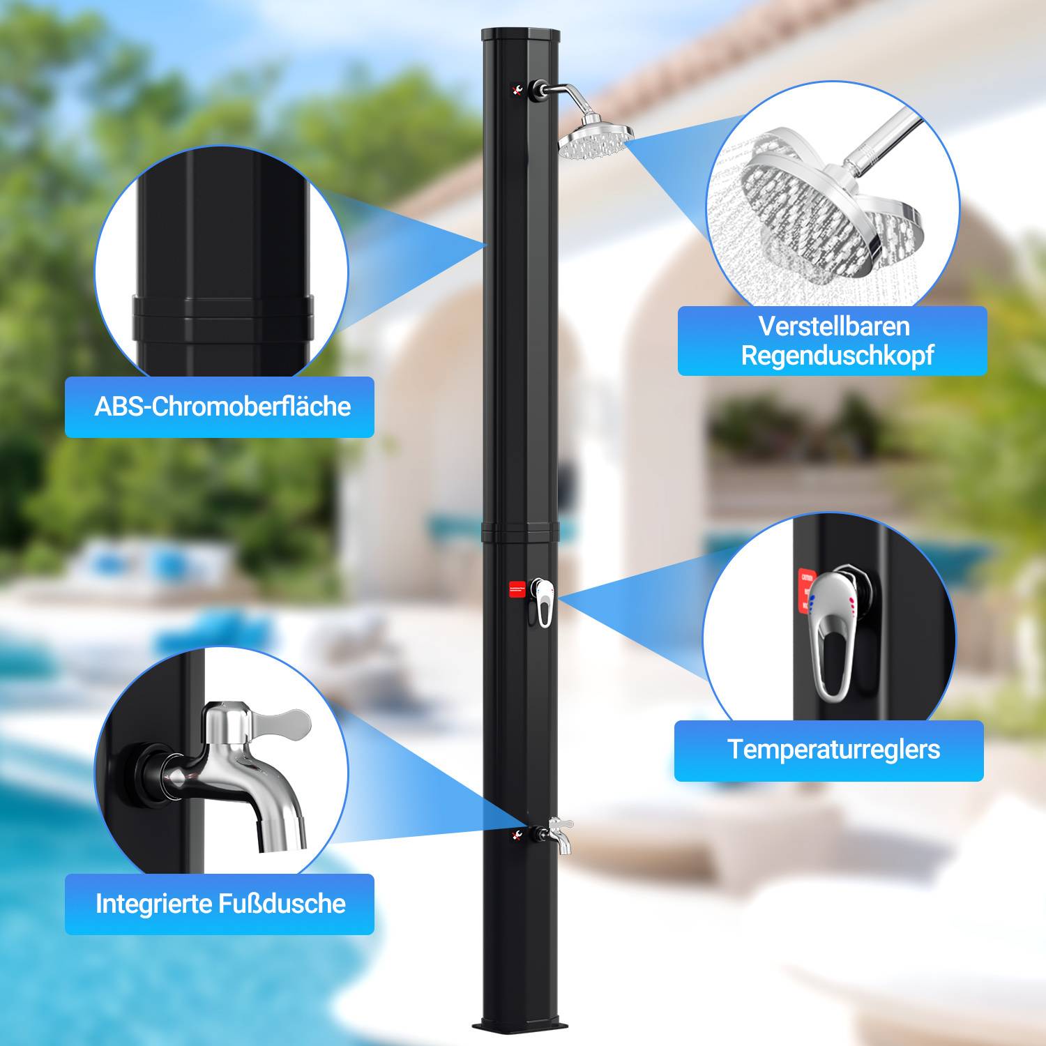 Außendusche mit gekennzeichneten Merkmalen: 'Verstellbarer Regenduschkopf', 'Temperaturregler', 'Integrierte Fußdusche', 'ABS-Oberflächenfinish in Chrom'. Vor einem unscharfen Poolside-Setting.