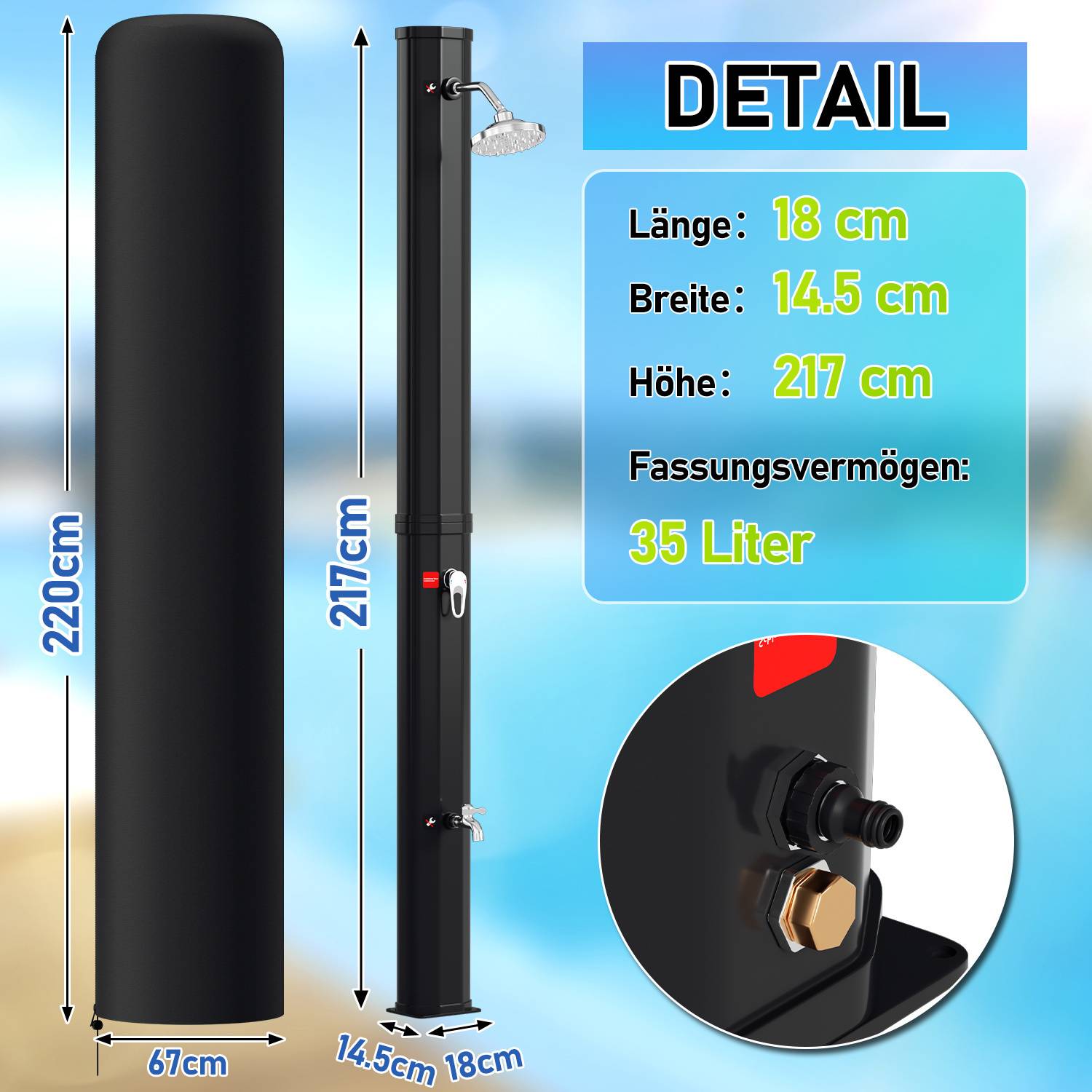 Außendusche mit Abmessungen: 220 cm Höhe, 67 cm Breite, 14,5 cm Tiefe. Fassungsvermögen: 35 Liter. Das Bild zeigt die Größe und die Eigenschaften.