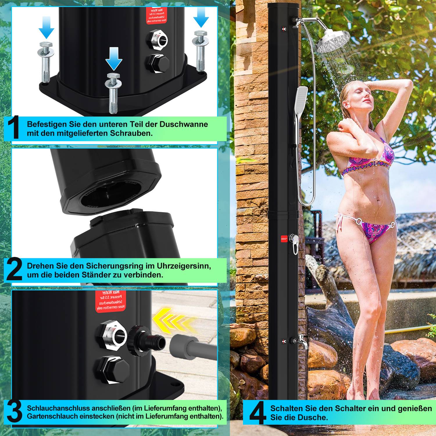 Bauen Sie die Duschbasis zusammen, indem Sie die Schrauben anziehen; befestigen Sie den Schlauch und schalten Sie die Dusche ein, um sie unter freiem Himmel zu genießen.