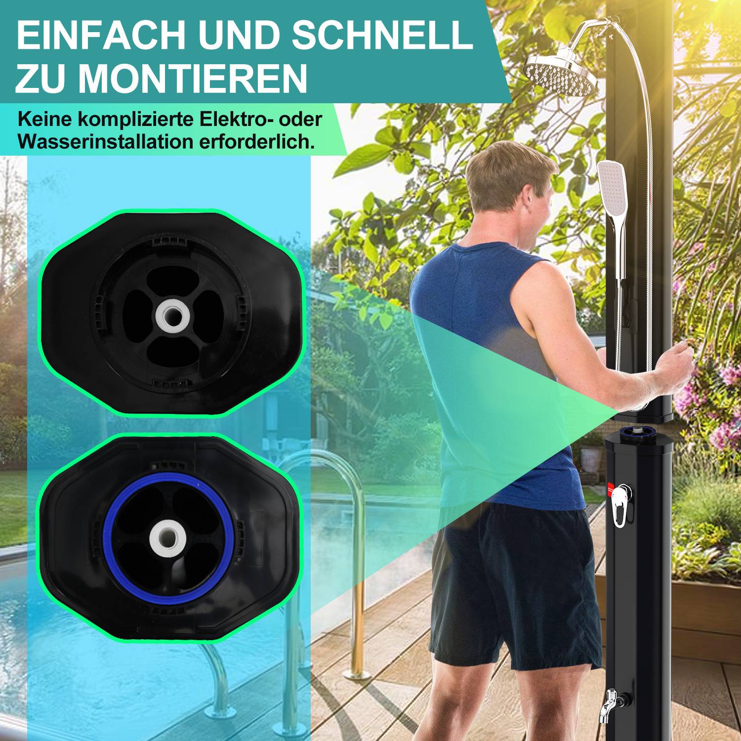 Ein Mann steht neben einer Außendusche neben einem Pool. Der Text lautet „Einfach und schnell zu montieren