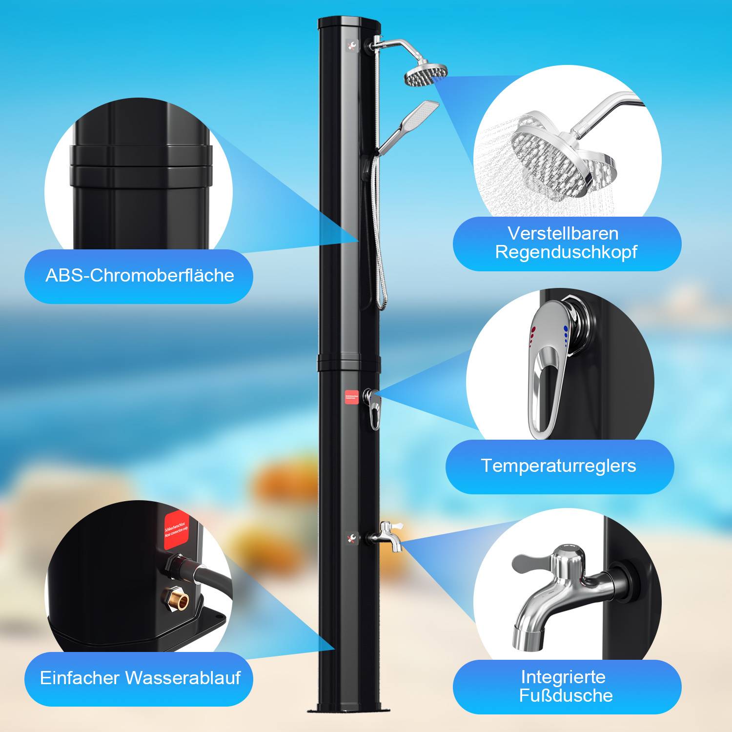 Tragbare Solardusche mit 'Temperaturregler', 'verstellbarem Regenduschkopf', 'einfachem Wasserauslass' und 'integrierter Fußdusche'.