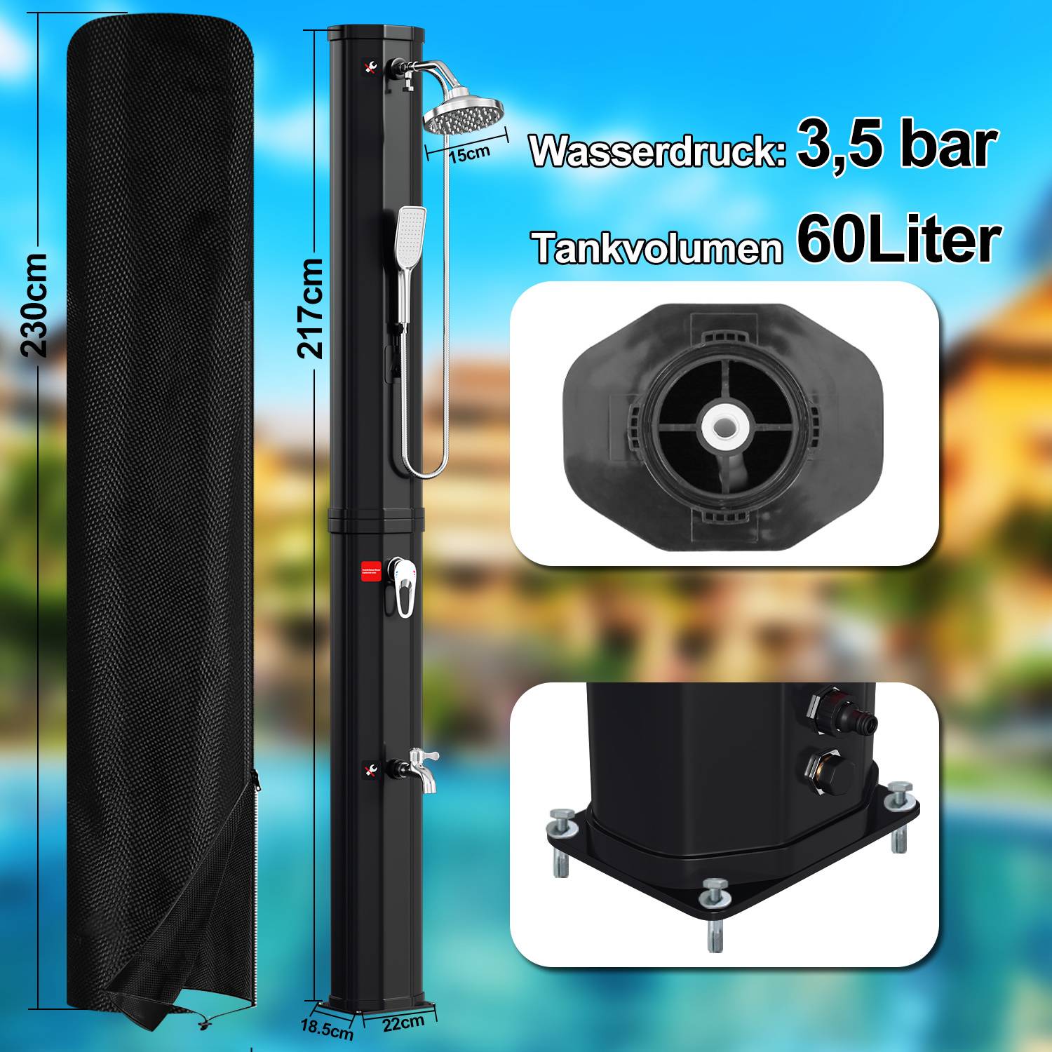 Outdoor-Solardusche mit schwarzem Finish, 217 cm hoch, 60-Liter-Tank, verstellbarer Duschkopf. Wasserdruck: 3,5 bar. Inklusive Schutzcover.
